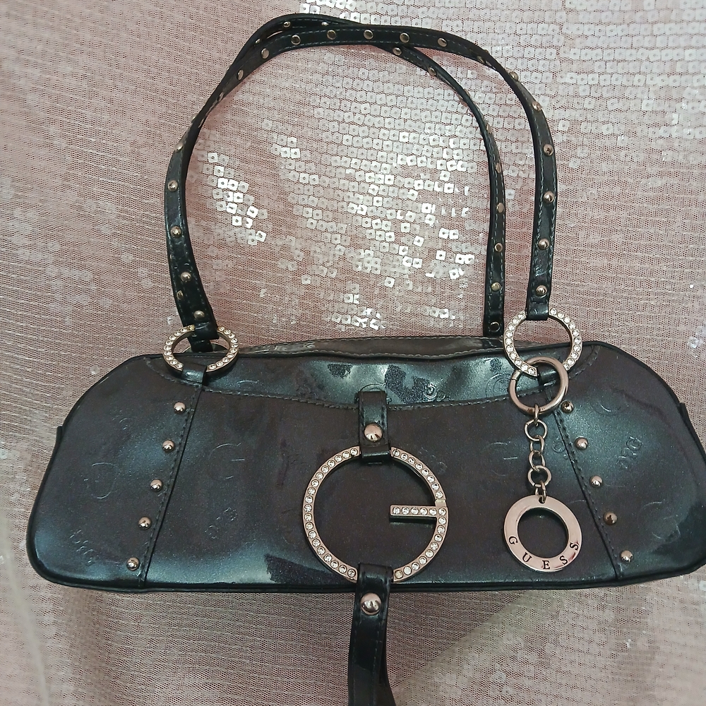GUESS Shiny Gray Shoulder Bag with Silver Accents